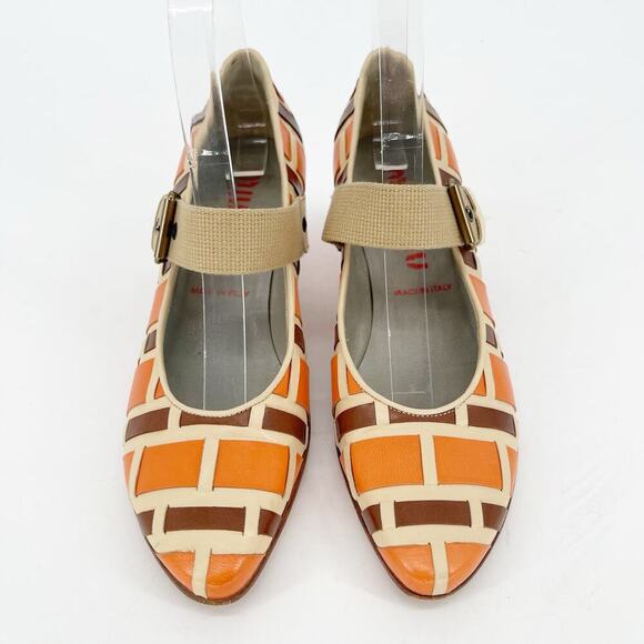 Vintage Retro Miu Miu Orange Tan Brown Woven Pointed Toe Mary Jane Pump IT 36 - Picture 5 of 11
